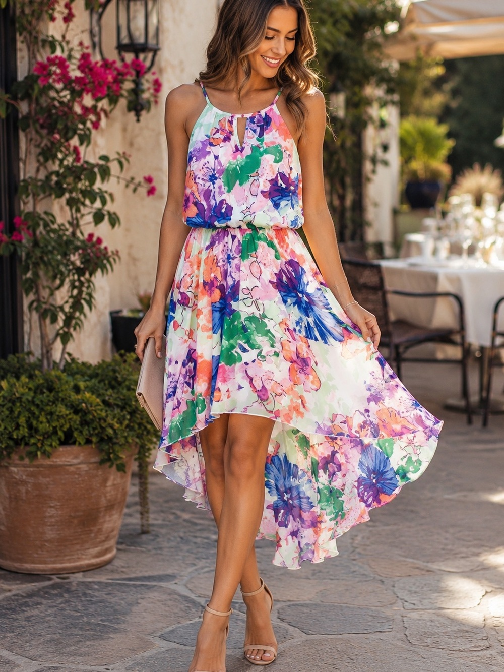 Lily Rose XS Watercolor Floral Chiffon High Low Wedding Guest Dress